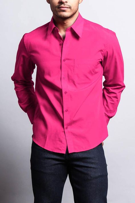 Men's Basic Solid Color Button Up Dress Shirt (Fuschia) Green Shirt Men, Deep Purple Dress, Lavender Shirt, Black Outfit Men, Purple Dress Shirt, Shirt Outfit Men, Red Shirt Dress, Green Shirt Dress, Mens Casual Dress Outfits