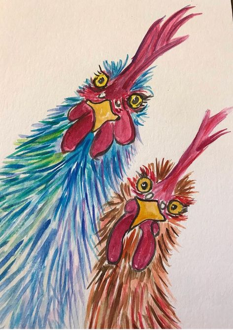 Two funky chickens Blanche and Maggie!These notecards are blank on the inside to easily add your personalized message and come with envelope. Cards are 4.24 x 5.5 inches. Original watercolor print by Julie Baker.  Fun and funky was to let someone know you are thinking of them.