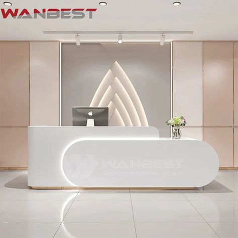 White Reception Desk with Latest Style and LED Strip Reception Area Design Minimalist, Hotel Office Design, Reception Desk Minimal, Minimalist Reception Desk, Led Strip Design, Rception Desk, Contemporary Reception Desk, Led Reception Desk, White And Wood Reception Desk