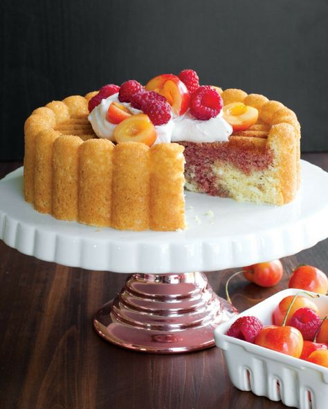 Create this spongy and light cake using our Charlotte Cake Pan, soaked in a cherry syrup and topped with homemade whipped cream and fresh fruit. So easy and delicious for a spring/summer dessert to enjoy with the entire family! Nordicware Recipes, Country Desserts, Light Cake, Flavored Whipped Cream, Charlotte Cake, Cakes To Make, Cherry Syrup, Light Cakes, Frozen Cherries