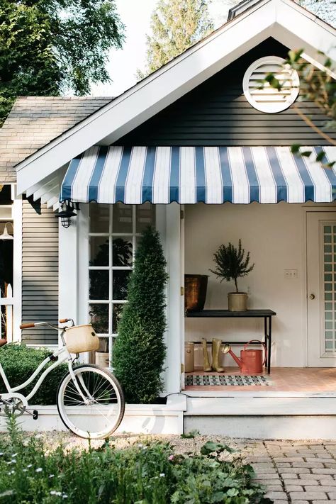 Awning Ideas, Transitional Bedroom Design, Beach Chairs Portable, Kate Marker Interiors, Cottage Porch, Black Kitchen Island, Lakeside Cottage, Cottage Exterior, Glass Panel Door