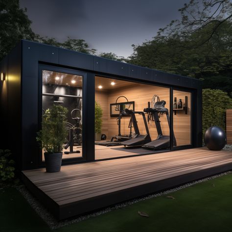 Garden Gyms UK | Custom Shipping Container Gyms | R&R Spaces Backyard Home Gym Ideas, Gym In Shed Ideas, Outbuilding Gym, Home Shed Gym, Outdoor Gym Shed, Home Gym Outbuilding, Gym In Shed, Greenhouse Gym, Shipping Container Home Gym