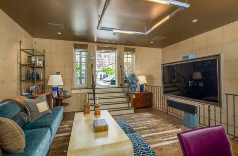 Living Room Design Yellow, Fireplace Area, Open Floor Concept, Inside A House, Sunken Living Room, Visual Style, Luxury Living Room Design, Design Remodel, Yellow Walls