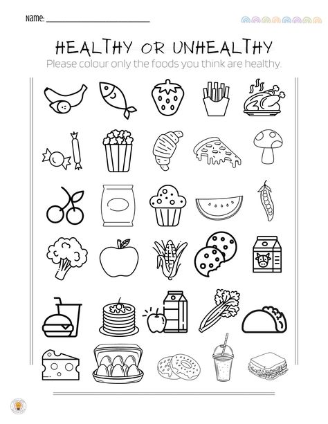 Healthy Choices Worksheet, Healthy Not Healthy Food Sort Preschool, Healthy Foods Worksheet, Kindergarten Health Lessons, Healthy Habits Crafts Preschool, Healthy Eating Worksheet, Healthy Unhealthy Food Worksheet, Healthy Food Worksheets For Kids, Healthy Food Activities For Kids