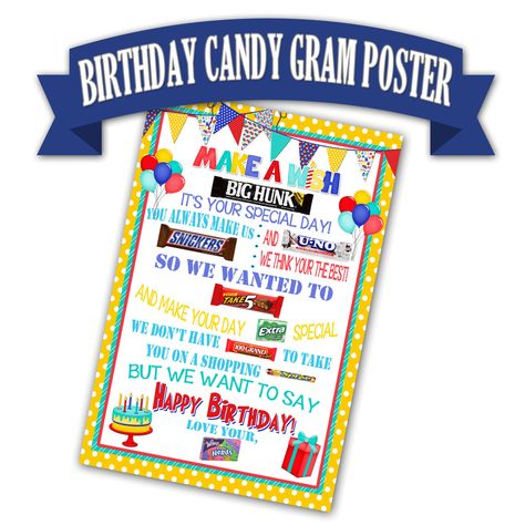 Birthday Candy Grams, Candy Posters, Candy Bar Poster, 60th Birthday Poster, 40th Birthday Poster, Candy Bar Posters, Candy Bar Birthday, Candy Grams, Candy Poster