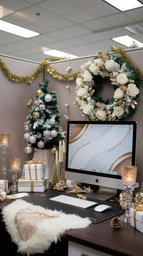 10 Christmas Desk Decor Ideas for Office Christmas In The Office, Cubicles Ideas Office, Work Cubicle Christmas Decor Ideas, Christmas Office Decorations Cubicles, Decor For Office At Work, Christmas Decor For Office, Professional Office Christmas Decor, Office Christmas Decorations Cubicles, Christmas Desk Decor