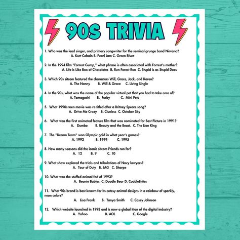 This is a 90s trivia game that is perfect for 90s party games. Take a trip down memory lane and see what you remember about the 90s. This trivia game comes with the answers. #90strivia #90striviagame 90s Party Games, 90s Trivia, 90s Games, Party Games Printable, Holiday Facts, Fb Games, 90s Sitcoms, 90s Party, Games Printable