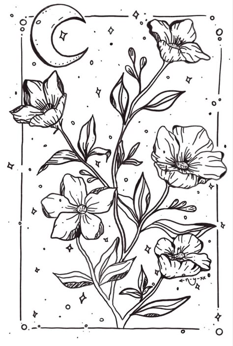 {blooming} Black And White Simple Illustration, Coloring Book Pages Flowers, Black And White Flower Line Art, Black And White Flower Sketch, Black And White Line Painting, Flower Drawings Black And White, Art Sketches Plants, Black Line Flowers, Coloring Pages Aesthetic Flowers