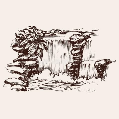 Waterfall on a river. Hand drawing design element stock illustration Waterfall Sketch, Hand Drawing Design, Waterfall Tattoo, River Drawing, Waterfall Drawing, Jungle Drawing, Landscape Pencil Drawings, Forest Drawing, Waterfall Art