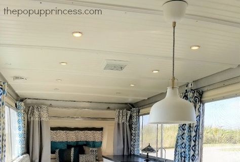 Pop Up Camper Ceiling Remodel, Pop Up Camper Door Makeover, Camper Ceiling, Campers Remodeled, Apache Camper, Tent Trailer Remodel, Pop Up Princess, Trailer Homes, Ceiling Pop