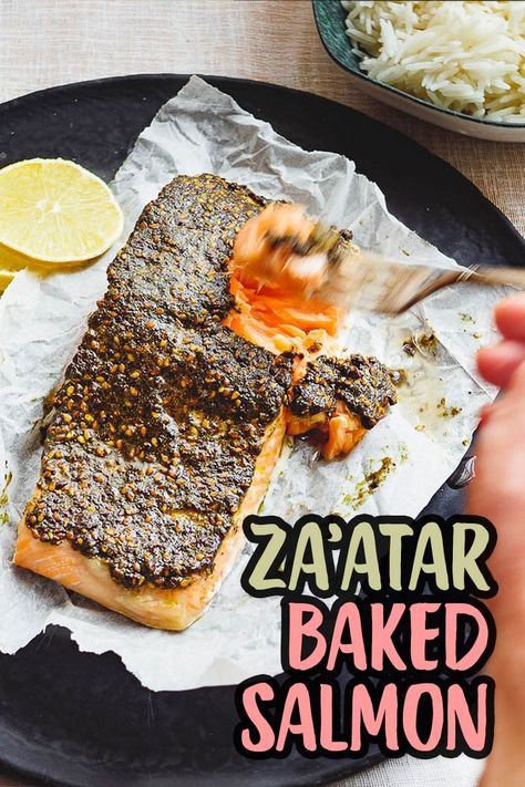 Delicious and simple recipe for za'atar baked salmon. A modern Middle Eastern take on baked salmon with plenty of flavour! Serve with a couple of simple sides for a nutritious and delicious midweek (or weekend!) meal! Middle Eastern Salmon Recipes, Zaatar Salmon, Pan Fry Salmon, Simple Sides, Paleo Salmon, Pan Fry, Za Atar, Weekend Meals, Salmon Filet