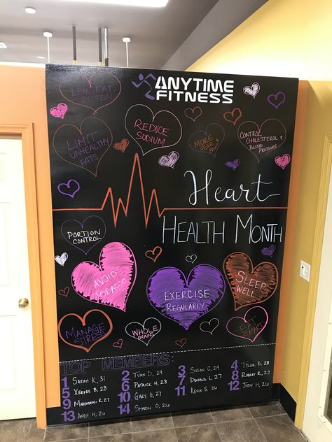 Fitness Chalkboard Ideas, Workout Chalkboard Ideas, Gym Chalkboard Ideas, Anytime Fitness Chalkboard, Gym Chalkboard, Black Board Ideas, Gym Posts, Heart Awareness Month, Anytime Fitness Gym