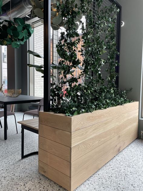 Made to order Partition Planter in solid oak with preserved planting Planter Partition Wall, Planter Partition, Plant Partition, Indoor Planter Box, Exterior Planter, Banquette Seating, Dining Hall, Partition Design, Wood Planters