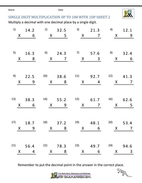 Practice multiplying a decimal up to 100 with 1dp by a single digit. Decimal Multiplication Worksheet, Multiplying Decimals Worksheet, Multiplying Decimals 5th Grade, Multiplication Decimals, Ankle Henna, Multiply Decimals, Decimal Multiplication, Multi Digit Multiplication, Multiplying Decimals