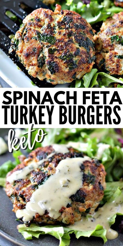 Spinach Feta Turkey Burgers, Turkey Burger Recipes Healthy, Keto Spinach, Healthy Turkey Recipes, Ground Turkey Recipes Healthy, Goddess Dressing, Easy Mediterranean Diet Recipes, Green Goddess Dressing, Turkey Burger Recipes