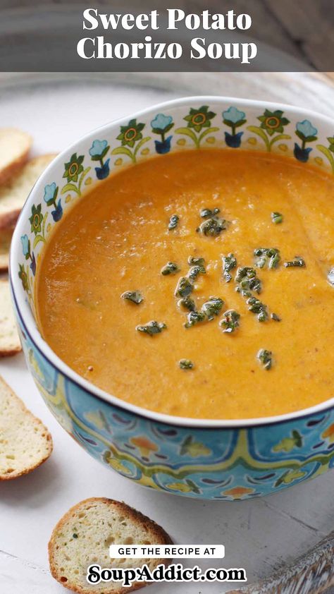 Sweet Potato Chorizo Soup in a blue bowl. Sweet Potato And Pepper Soup, Potato Chorizo Soup, Sweet Potato Chorizo Soup, Sweet Potato Sausage Soup, Potato Sausage Soup, Sweet Potato Chorizo, Chorizo Soup Recipes, Sweet Potato Sausage, Potato Chorizo