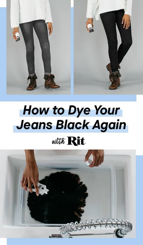 Learn how to make your jeans black again with Rit Dye. Turn an old faded pair of jeans into new with Rit. So easy and simple, you'll love the results! Dye Jeans Black, Ty Dye, Dye Jeans, Rit Dye, Faded Black Jeans, Black Clothes, Clothes Black, Simple Life Hacks, Old Jeans