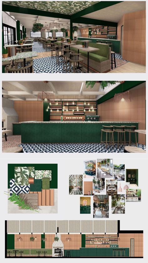 Green House Restaurant, Restaurant Design Concepts, Interior Presentation, Interior Design Portfolio Layout, Interior Design Presentation, Cafe Shop Design, Interior Design Boards, Design Presentation, Restaurant Concept