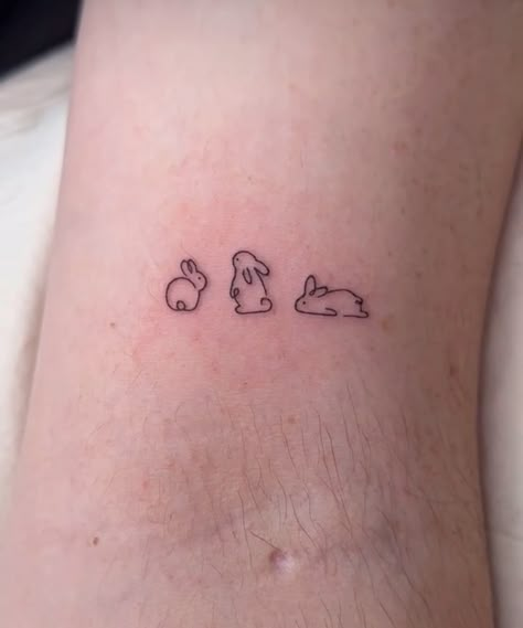 Rabbit Line Art Tattoo, Cute Small Matching Tattoos For 3 People, Bunny Tatoos Ideas, Bunny And Dog Tattoo, Dust Bunny Tattoo, Cute Sibling Tattoos For 3, Minimalistic Bunny Tattoo, Small Cute Meaningful Tattoos, 2 Bunny Tattoo