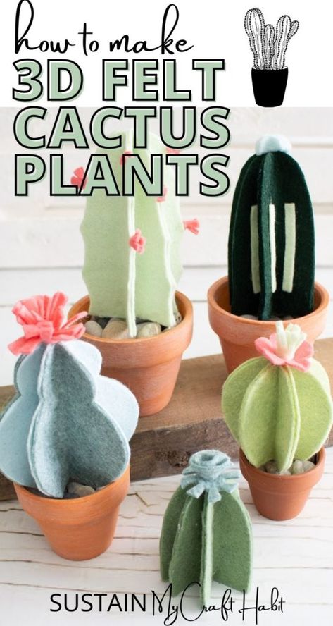 Felt Cactus, Cacti Garden, Felt Flowers Patterns, Paper Cactus, Garden Cactus, Cactus Craft, Floral Crafts, Birdhouse Craft, Felt Succulents