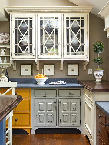 Mismatched Cabinets, Craft Room Cabinet, Hiding Appliances, Mix And Match Kitchen, Organize Small Kitchen, Color Combinations Blue, Kitchen Cabinet Layouts, Glass Door Decor, Mcgee Kitchen