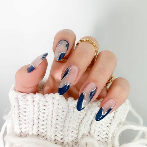 Navy And Silver Nails, Moonstone Nails, Silver French Manicure, Metallic Gold Nails, Dance Nails, Blue And Silver Nails, Hoco Nails, Silver Nail Designs, Navy Nails