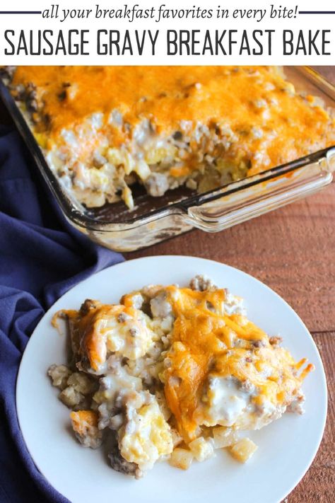 Every layer of this sausage gravy breakfast casserole is good on its own, but baked together, they form an amazing dish. This hearty mix of potatoes, scrambled eggs, sausage gravy and cheese is sure to become a new favorite. Breakfast Casserole With Gravy Eggs, Breakfast Casserole With White Gravy, Breakfast Casserole With Gravy And Hashbrowns, Sausage Hashbrown Patty Casserole, Easy Breakfast Casserole With Potatoes, Biscuits Gravy Egg Casserole, Breakfast Casserole With Tater Tots And Gravy, Sausage Egg Hashbrown Casserole With Gravy, Sausage Gravy Breakfast Casserole Hashbrowns