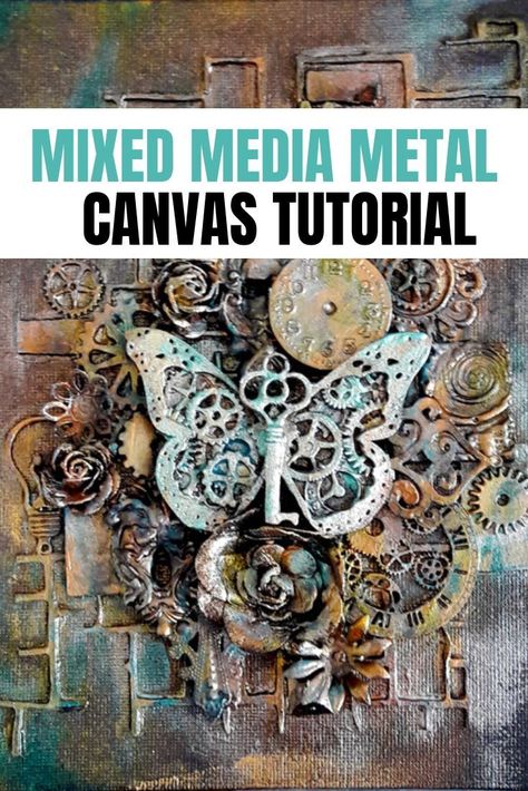 Use metal embellishments and findings to add texture and layers to mixed media canvas project #einatkessler #mixedmedia #Crafts #metal Metal Collage Art, Mixed Media Metal Art, Diy Mixed Media Art Tutorials, Mixed Media Art Tutorials Step By Step, Mixed Media Collage Artwork Ideas, 3d Canvas Art Diy Mixed Media, Mixed Media Journals, Mixed Media Art Ideas Altered Canvas, Free Mixed Media Tutorials