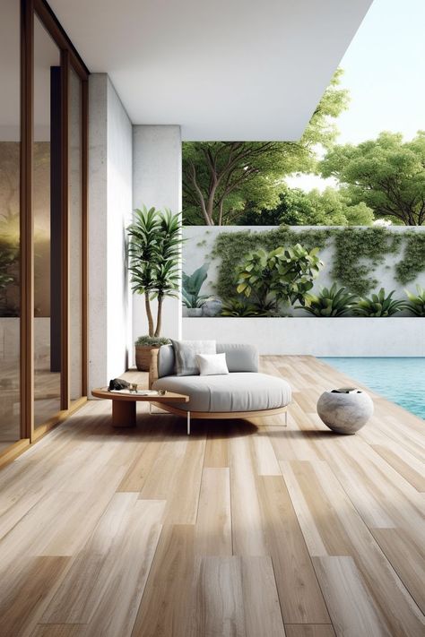 Wooden Floor, Design Seating Place & Stylish Pool | Harmonize your Home Wooden Tiles Outdoor, Terrace Wooden Floor, Japandi Pool, Japandi Terrace, Wooden Floor Design, Floor Garden, Terrace Tiles, Deck Seating, Terrace Floor