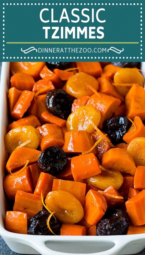 This tzimmes recipe is a colorful stew made with sweet potatoes, carrots and dried fruit. Tzimmes Recipe, Rosh Hashanah Recipes, Jewish Holiday Recipes, Jewish Cuisine, Ground Beef Pasta, Passover Recipes, Kosher Recipes, Sukkot, Carrot Recipes