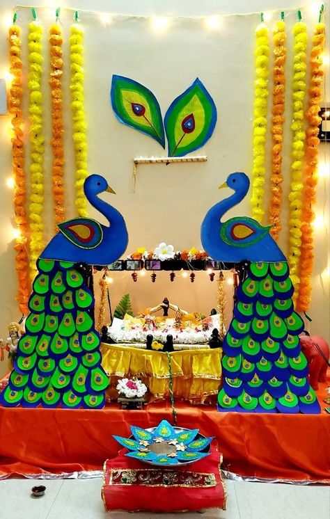 Janamastmi Decoration At School, Krishna Janamastmi, Ganpati Decoration Theme, Ganesh Decoration, Mandir Decoration, Ganpati Decor, Ganesh Chaturthi Decoration, Pooja Decor, Ganpati Decoration At Home