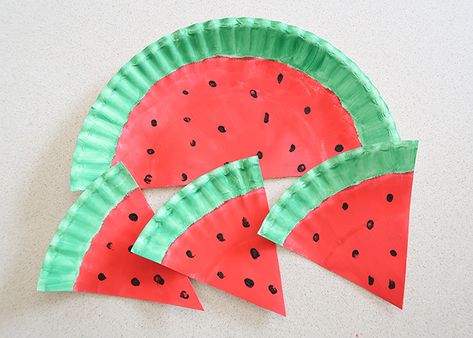 Watermelon Paper Plate Craft | Woo! Jr. Kids Activities Plate Crafts For Kids, Spring Crafts Preschool, June Crafts, August Crafts, Summer Preschool Activities, Watermelon Crafts, W Letter, Paper Plate Craft, Paper Plate Crafts For Kids