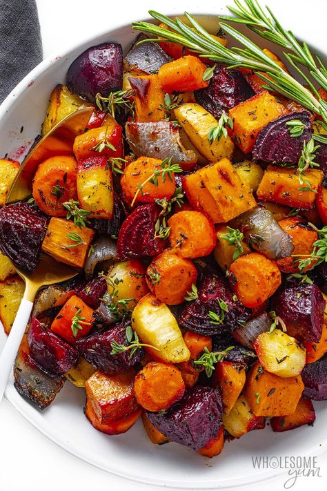 Roasted Root Vegetables - Wholesome Yum Root Vegetable Roast, Roasted Veg Thanksgiving, Root Vegetable Medley Recipes, Thanksgiving Root Vegetables, Roasted Beets And Vegetables, Roast Root Vegetables, Roasted Vegetables Thanksgiving Recipe, Roast Dinner Vegetables, Root Vegetable Bake