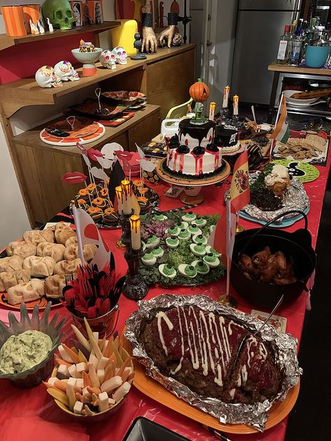 The spread at our Rocky Horror Silent Movie Show Halloween party 2019, including meatloaf and frankfurters, of course. Horror Movie Themed Dinner Ideas, Rocky Horror Dinner Party, Horror Movie Party Food, Horror Birthday Food Ideas, Horror Movie Themed Wedding, Horror Movie Themed Meals, Rocky Horror Picture Show Party Food, Horror Movie And Dinner Theme, Rocky Horror Themed Party