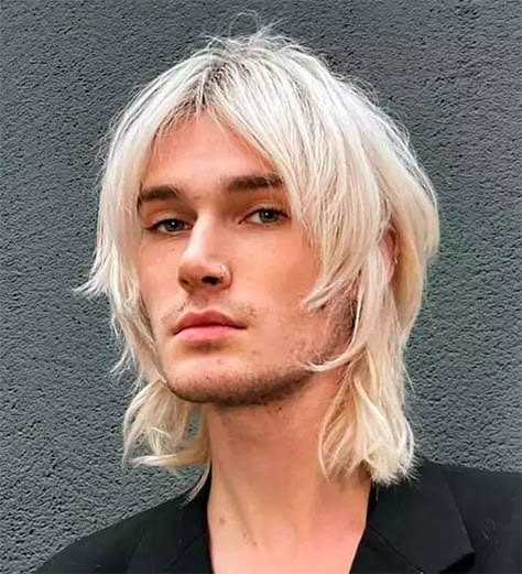 Long Platinum Blonde Hair Mens Shaggy Haircut, Sylveon Human, Masc Long Hair, Long Male Hair, Shag Haircut Men, Masc Hairstyles, Platinum Blonde Hair Men, Miscellaneous Aesthetic, Long Platinum Blonde