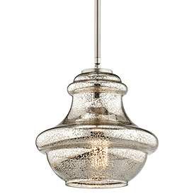 Everly 9 1/2"W Brushed Nickel and Mercury Glass Mini Pendant Mercury Glass Chandelier, Kichler Everly Pendant, Mercury Glass Pendant Light, Everly Pendant, Mercury Glass Lamp, Mercury Glass Table Lamp, Seeded Glass Pendant, Pendant Fixture, Mini Pendant Lights