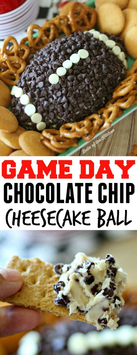 This Chocolate Chip Cheesecake Ball is the perfect appetizer for game day snacking! Go on and wow your guests at your next football party with this easy, yummy treat! Oreo Balls Football Super Bowl, Cheesecake Football Dip, Super Bowl Party Snack Ideas, Ball Game Food Snacks Ideas, Foot Ball Sunday Snacks, Tail Gate Desserts, Georgia Bulldog Food Ideas, Chocolate Chip Football Dip, Football Cream Cheese Ball