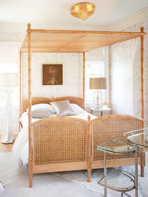 Wallpapered Bedrooms, Modern Canopy Bed, Grandmillennial Home, Vintage Beds, Seaside Homes, Wood Canopy Bed, Heavy Curtains, Canopy Bed Frame, Rattan Baskets