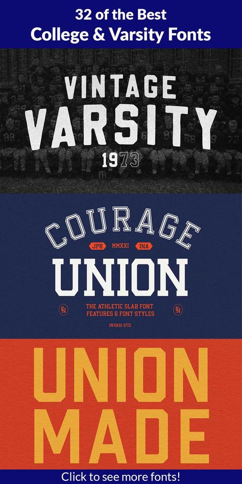 Looking for the perfect college or varsity font for your high school, college, or athletics designs? Look no further! Check out our selection of 32 of the best college and varsity fonts. Download them now to create your most amazing design projects ever! College Font Canva, Elegant Typography Design, College Sports Aesthetic, Varsity Graphic Design, Varsity Typography, College Tshirt Designs, Fonts For Business Cards, College Logo Design, Serif Font Combinations