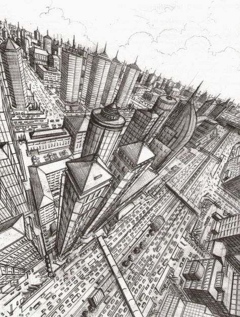 Three-point perspective One Point Perspective Birds Eye View, City Birds Eye View Drawing Perspective, City Birds Eye View Drawing, Bird Eye Perspective Drawing, Bird Eye View Architecture, Bird Perspective Drawing, 4 Point Perspective Drawing, Bird View Perspective, 3 Point Perspective Drawing Buildings