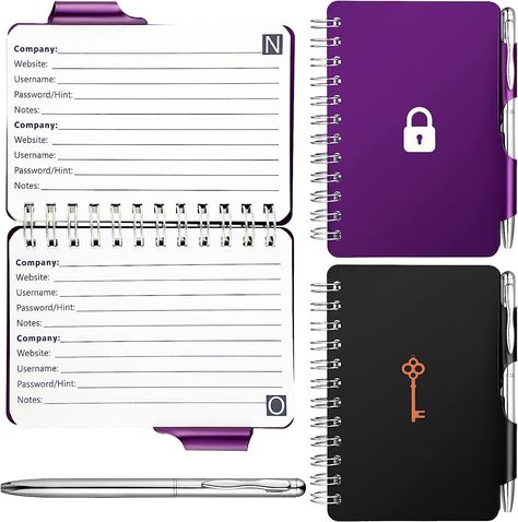 2 Pieces Protable Password Book Password Organizer Notebook Keys and Locks Pattern Password Book Keeper with Pen, Spiral Bound Notebook for Password Information (Black, Purple) Organizer Notebook, Purple Office, Password Book, Password Organizer, Password Books, Password Keeper, Happy New Year Gift, Notebook Organization, Small Pen