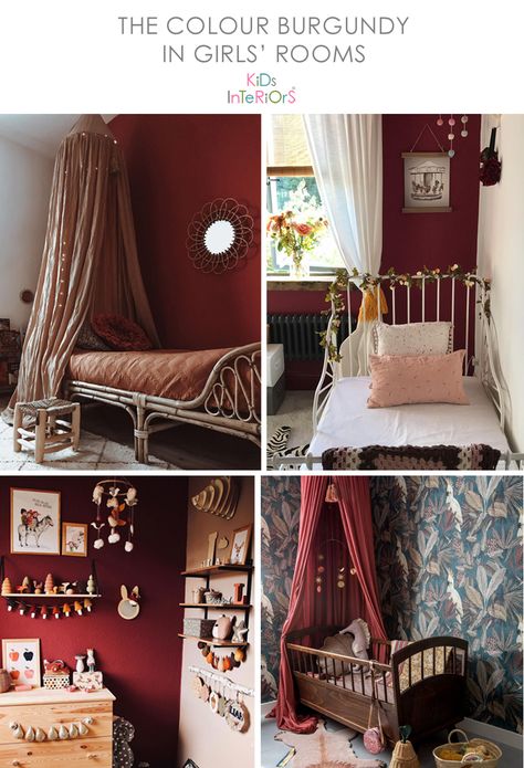 Burgundy - a warm and inviting colour for nursery and kids' rooms Red And Pink Nursery, Red Toddler Room, Pink And Red Nursery, Red Nursery Ideas, Dark Pink Nursery, Maroon Nursery, Jewel Tone Nursery, Red Nursery Girl, Red Kids Bedroom