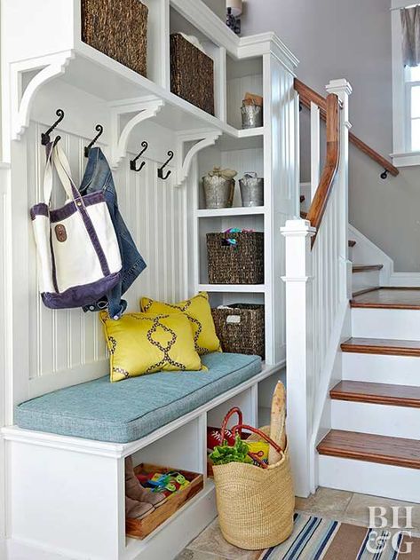 entryway storage near stairway Stair Organization, Hallway Organiser, Storage Built Ins, Organizing Basement, Basement Shelving, Hall Storage, Built In Cubbies, Car Room, Creative Closets