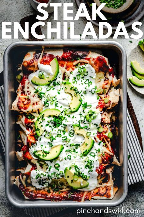 Steak Enchiladas Recipe Easy, Easy Steak Enchiladas, Steak And Cheese Enchiladas, Enchiladas Steak, Cheesesteak Enchiladas, Leftover Fajita Steak Recipes, Steak Enchiladas Recipe, Healthy Beef Enchilada Recipe, Steak Leftovers Ideas