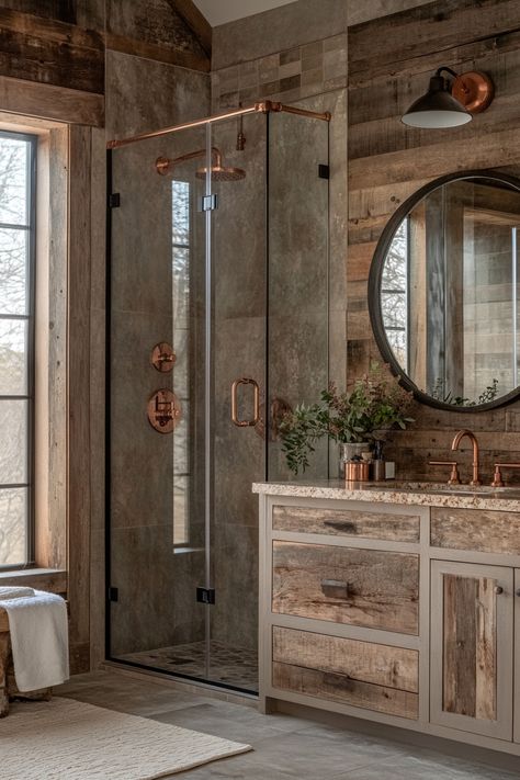 Explore stunning modern bathroom ideas with a rustic twist. This design features beautiful wood accents and sleek copper fixtures, creating a cozy yet contemporary feel. Perfect for those who love a blend of modern aesthetics with natural elements. #ModernBathroomIdeas #RusticDesign #HomeDecor Mountain Style Bathroom, Log Cabin Bathroom Ideas Rustic, Bathroom Copper Accents, Bathroom Ideas Cabin, Small Bathroom Rustic, Modern Farm Bathroom, Ranch Style Bathroom, Bathroom Rustic Modern, Cabin Bathroom Ideas Rustic