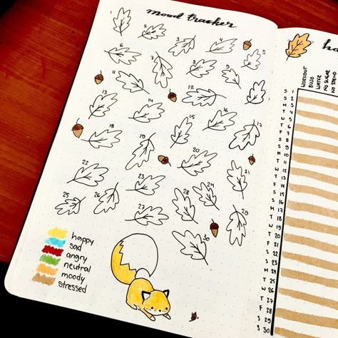 September theme, and Fox themed mood tracker september Leaves Mood Tracker, September Bullet Journal Mood Tracker, Mood Tracker September, September Mood Tracker, September Bullet Journal Ideas, Bullet Journal Calendrier, September Bullet Journal, Bullet Journal September, September Themes