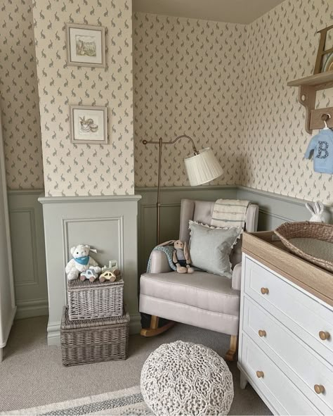 Traditional Timeless Nursery, Sophisticated Gender Neutral Nursery, Nursery In Main Bedroom Ideas, Nursery With Textured Walls, Shelving In Nursery, English Nursery Room, French Cottage Nursery, Wall Paper Nursery, Swedish Nursery