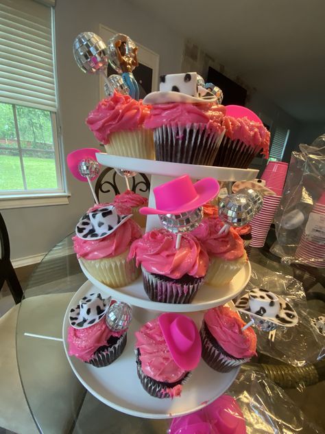 Pink Country Theme Party, Cowgirl 21 Birthday Party Cake, Cowgirls Party Ideas, Pink Cowgirl 1st Birthday, Sweet 16 Disco Cowgirl Party, Cowboy Pink Party, Pink Cowgirl Aesthetic Birthday, Cow Disco Party, Cowgirl Party Desserts