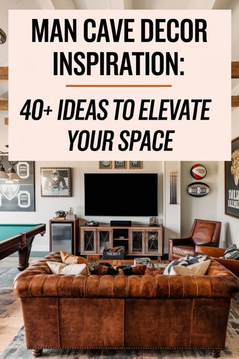 Man cave with rustic decor, leather sofas, wall art, and a large TV. Man Cave Decor Ideas Diy, Diy Man Cave Ideas, Man Cave Decor Ideas, Man Cave Decorations, Cave Decorations, Groom Suite, Beer Deer, Rustic Man Cave, Man Cave Accessories