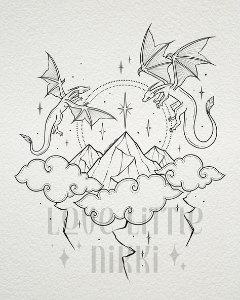 Fourth Wing x ACOTAR tattoo design for the lovely Renee ⚡️📖 she wanted this piece to incorporate a couple of her favorite dragons from Fourth Wing, along with some clouds and lightning ✨ thank you for your trust! #fourthwing #acotar #rebeccayarros Nerdy Drawings, Book Dragon Tattoo, Fourth Wing Tattoo, Clouds And Lightning, Reader Tattoo, Lightning Tattoo, Dm Screen, Wing Tattoo Designs, Wings Drawing